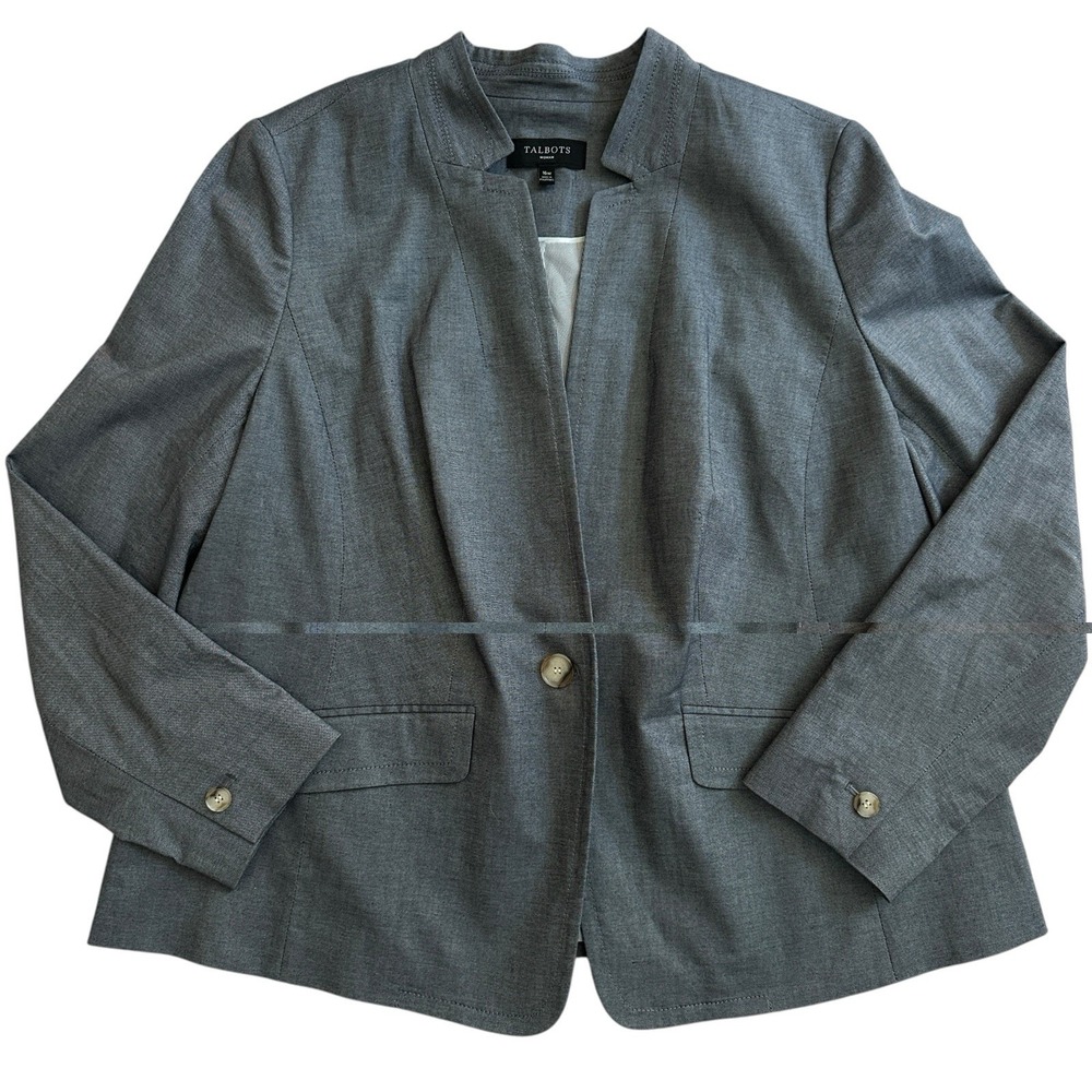 Talbots Blazer Jacket Women's Size 16W Gray Stand Collar Cotton Blend Lined